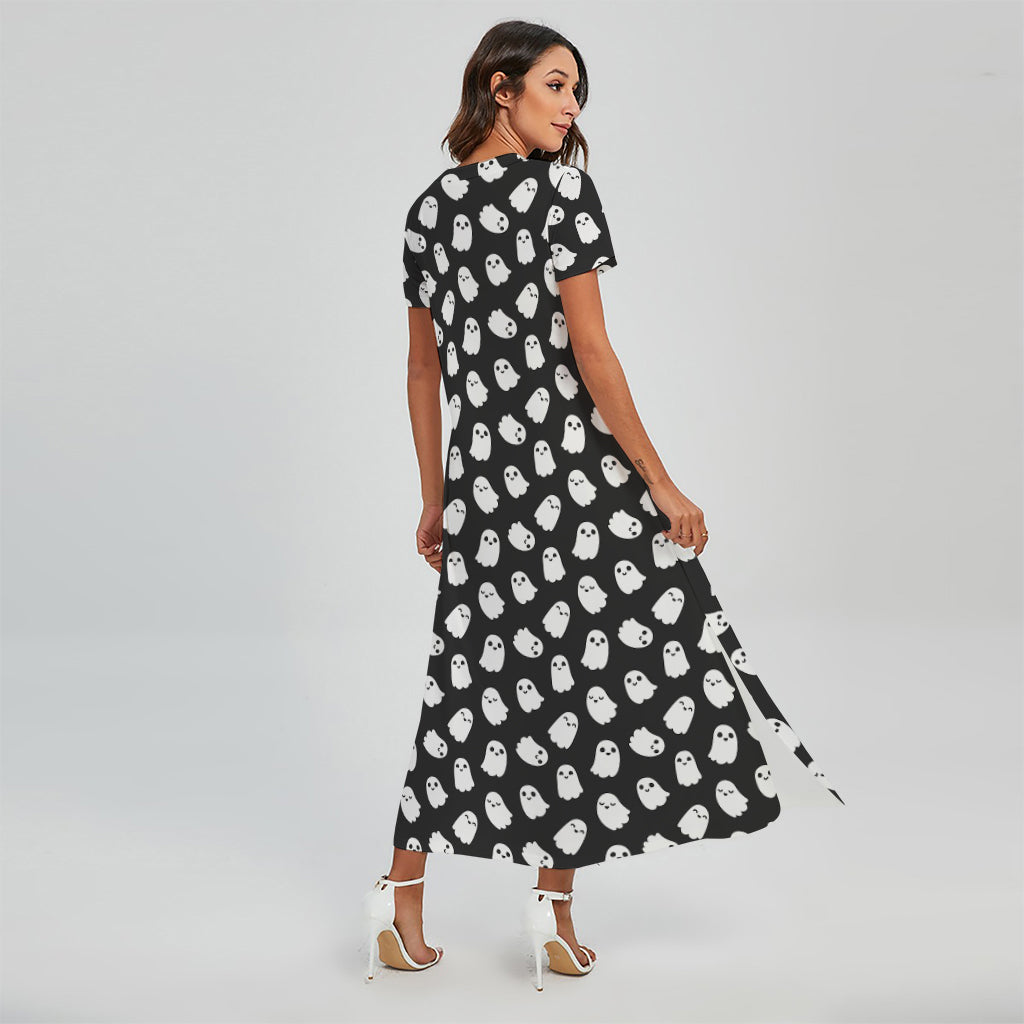 Cute Little Ghost Pattern Print Short Sleeve Maxi Dress
