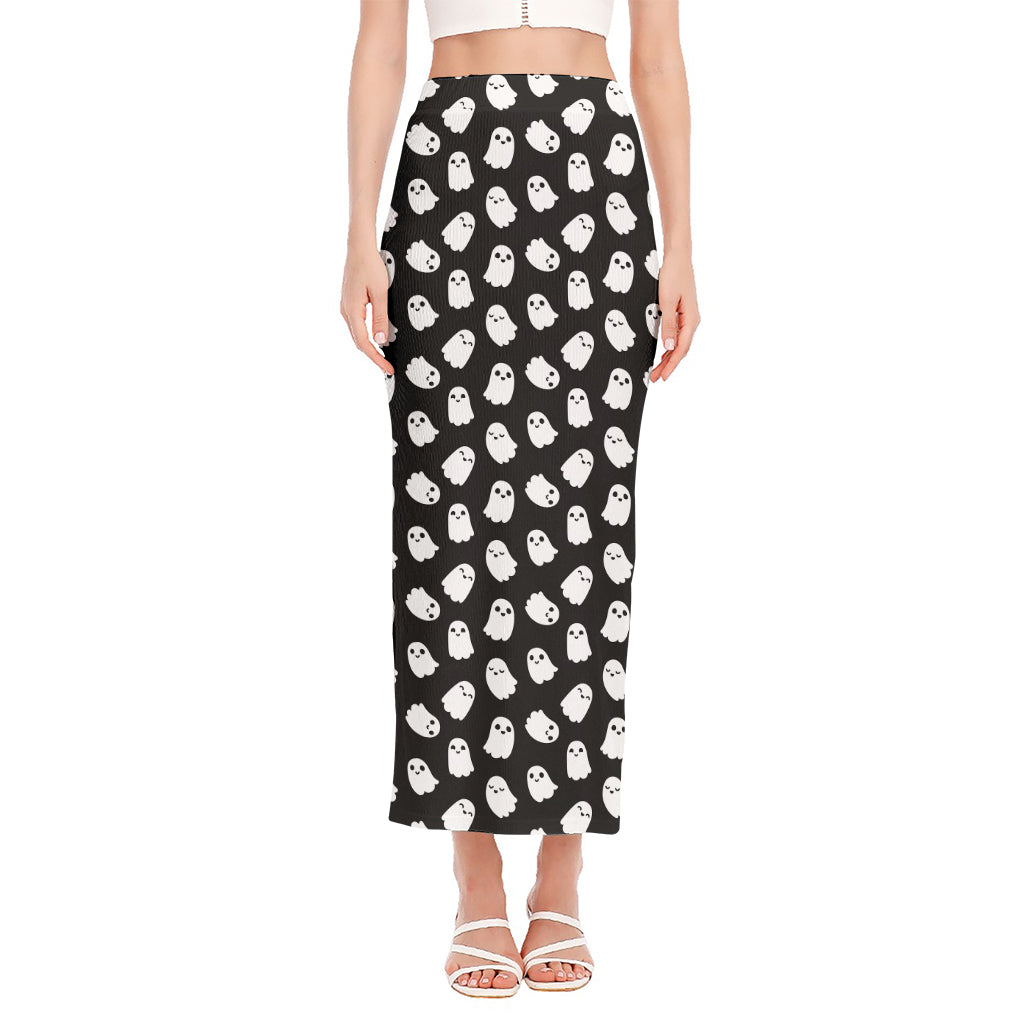 Cute Little Ghost Pattern Print Side Slit Maxi Skirt