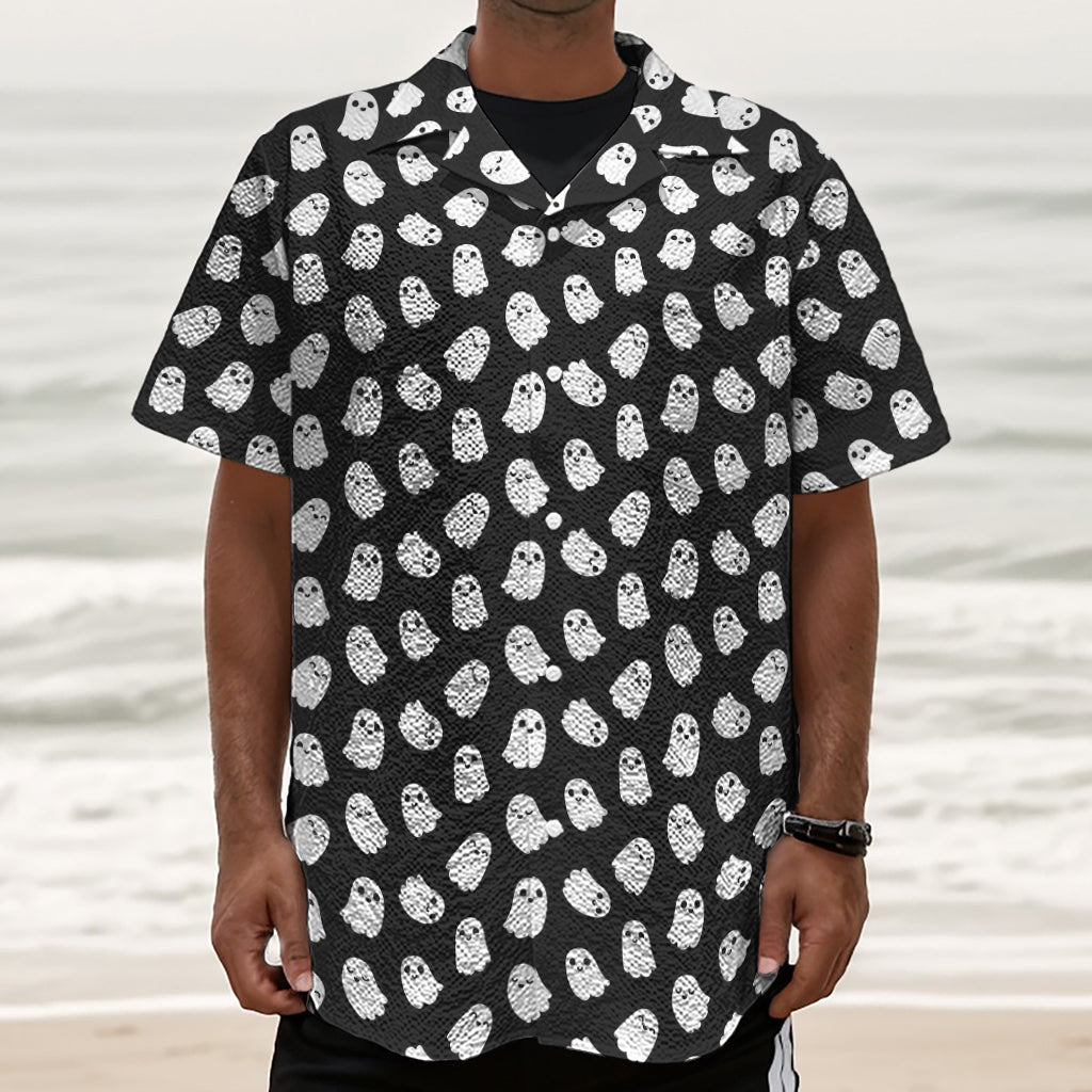Cute Little Ghost Pattern Print Textured Short Sleeve Shirt