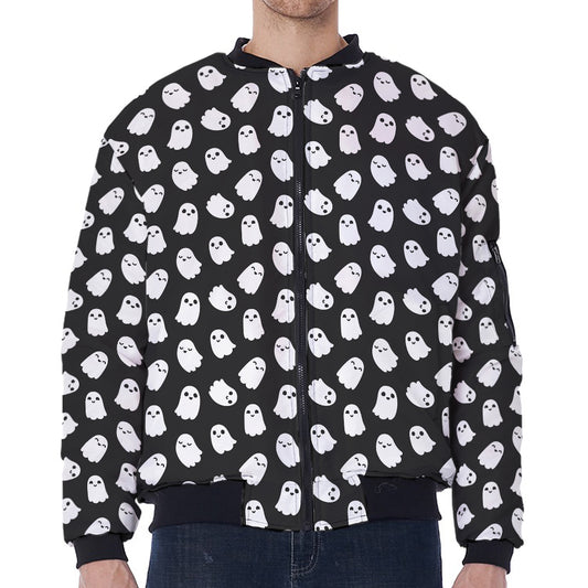 Cute Little Ghost Pattern Print Zip Sleeve Bomber Jacket