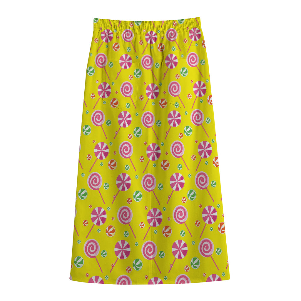 Cute Lollipop Pattern Print Cotton Front Slit Maxi Skirt