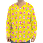 Cute Lollipop Pattern Print Long Sleeve Baseball Jersey