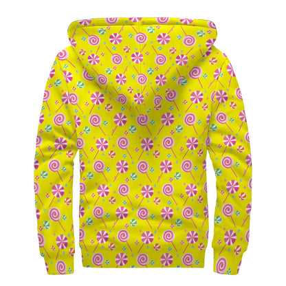 Cute Lollipop Pattern Print Sherpa Lined Zip Up Hoodie
