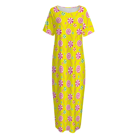 Cute Lollipop Pattern Print Short Sleeve Long Nightdress