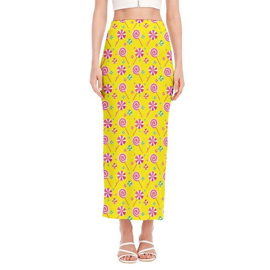Cute Lollipop Pattern Print Side Slit Maxi Skirt