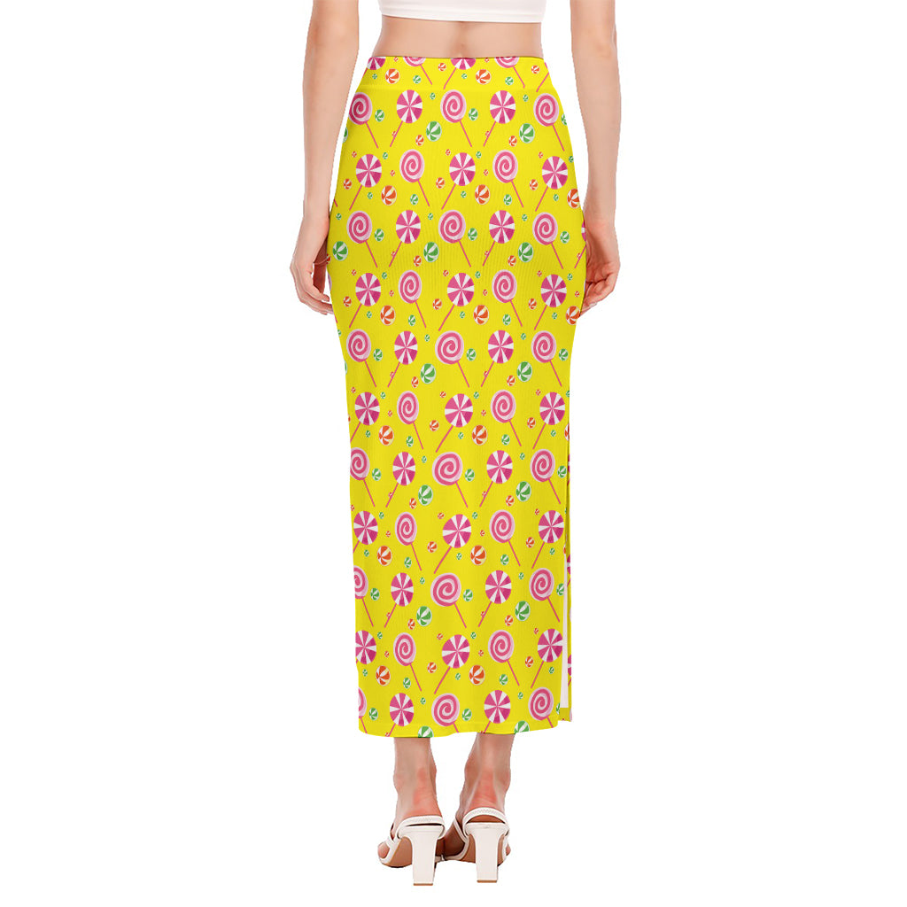 Cute Lollipop Pattern Print Side Slit Maxi Skirt