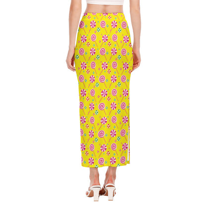 Cute Lollipop Pattern Print Side Slit Maxi Skirt