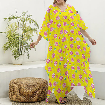 Cute Lollipop Pattern Print Silk V-Neck Kaftan Dress