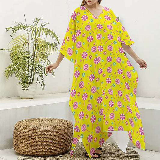 Cute Lollipop Pattern Print Silk V-Neck Kaftan Dress