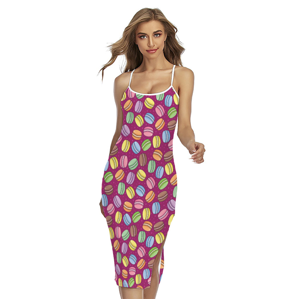 Cute Macaron Pattern Print Cross Back Cami Dress