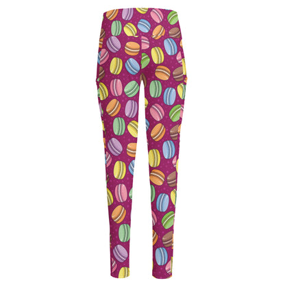 Cute Macaron Pattern Print High-Waisted Pocket Leggings