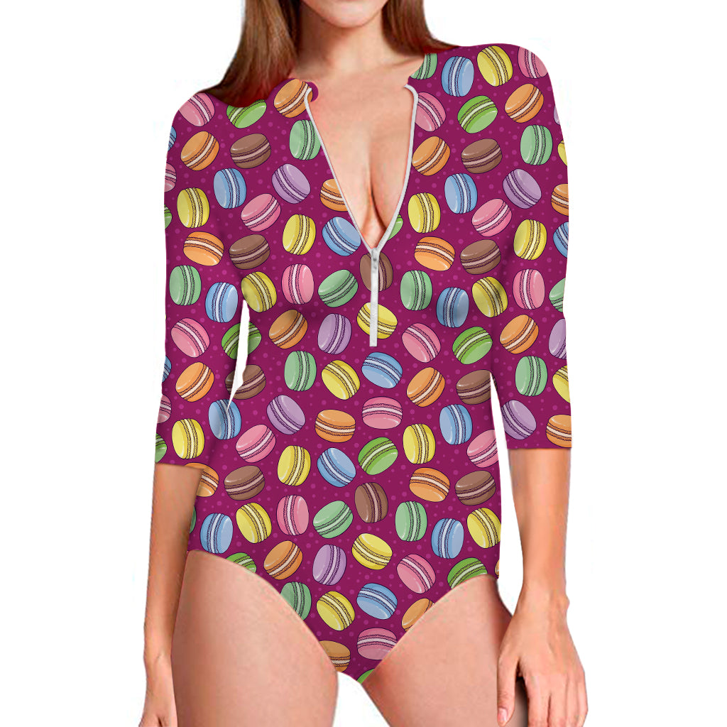 Cute Macaron Pattern Print Long Sleeve Swimsuit