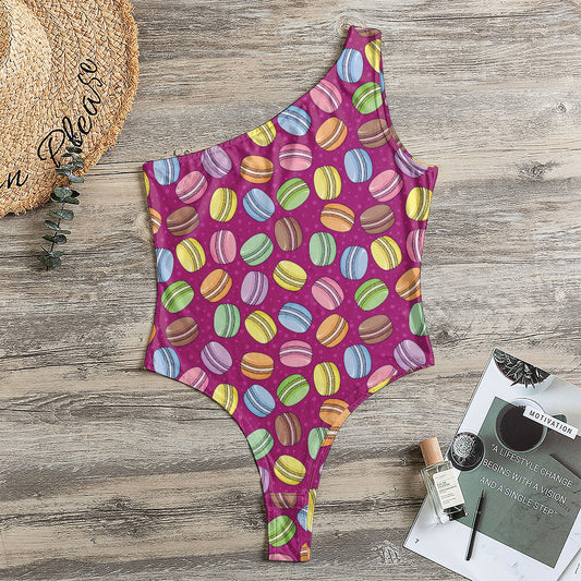 Cute Macaron Pattern Print One Shoulder Bodysuit