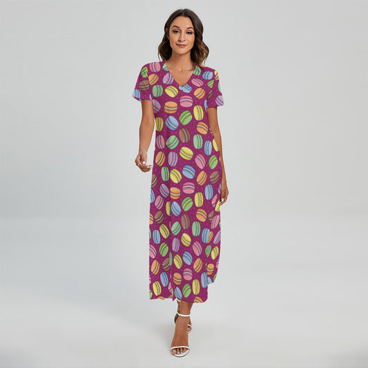 Cute Macaron Pattern Print Short Sleeve Maxi Dress