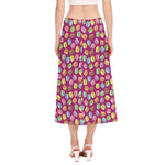 Cute Macaron Pattern Print Side Slit Midi Skirt