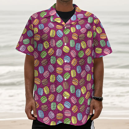 Cute Macaron Pattern Print Textured Short Sleeve Shirt