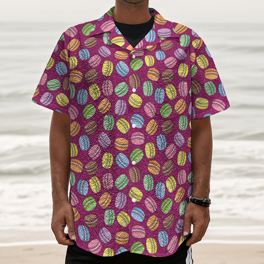 Cute Macaron Pattern Print Textured Short Sleeve Shirt