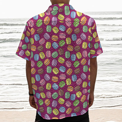 Cute Macaron Pattern Print Textured Short Sleeve Shirt