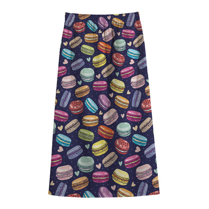 Cute Macarons Pattern Print Cotton Front Slit Maxi Skirt