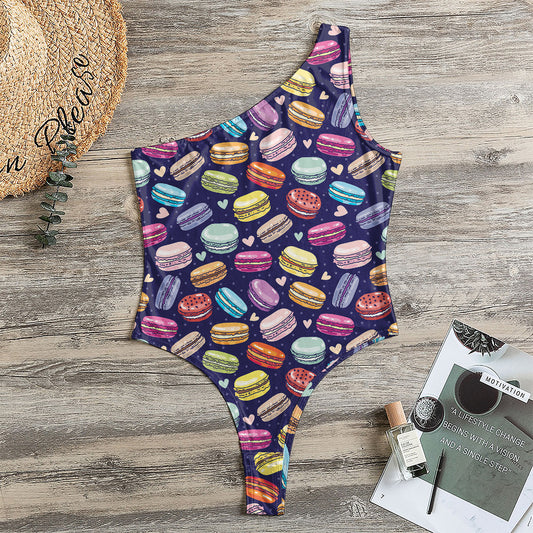 Cute Macarons Pattern Print One Shoulder Bodysuit