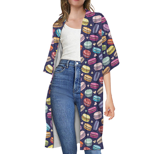 Cute Macarons Pattern Print Open Front Beach Cover Up