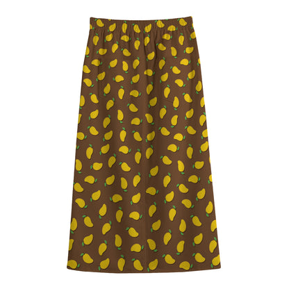 Cute Mango Pattern Print Cotton Front Slit Maxi Skirt
