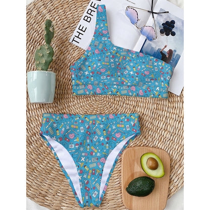 Cute Medical Pattern Print One Shoulder Bikini Top