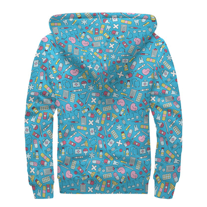 Cute Medical Pattern Print Sherpa Lined Zip Up Hoodie