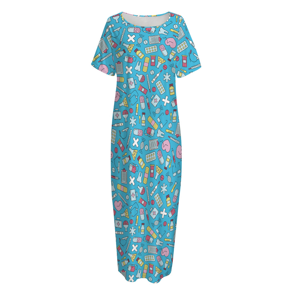 Cute Medical Pattern Print Short Sleeve Long Nightdress