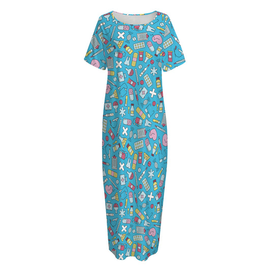 Cute Medical Pattern Print Short Sleeve Long Nightdress