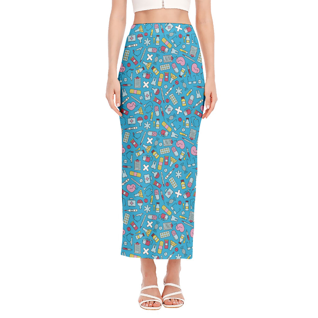 Cute Medical Pattern Print Side Slit Maxi Skirt