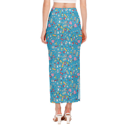 Cute Medical Pattern Print Side Slit Maxi Skirt