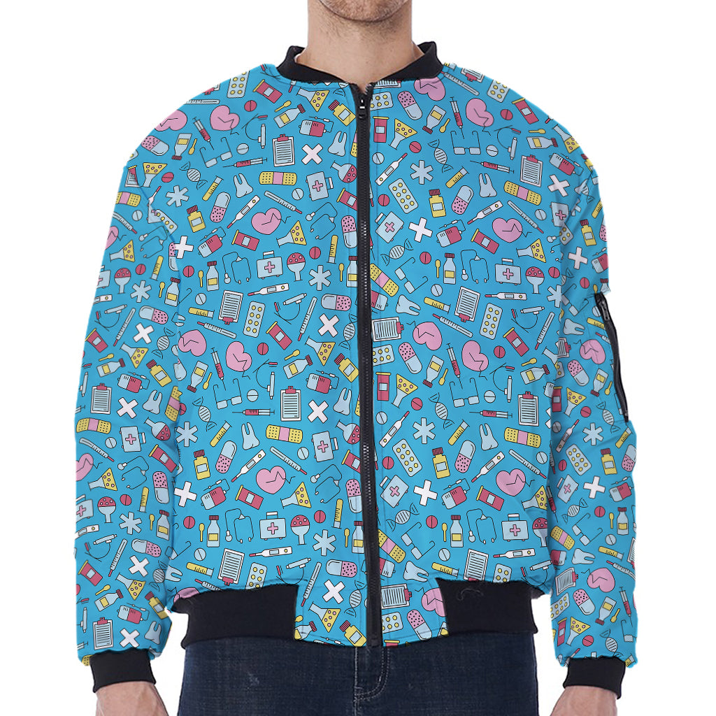 Cute Medical Pattern Print Zip Sleeve Bomber Jacket