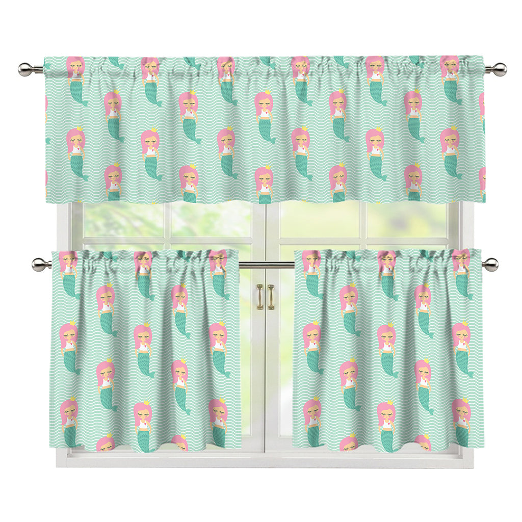 Cute Mermaid Pattern Print 3 Piece Kitchen Curtains