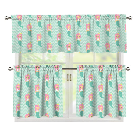 Cute Mermaid Pattern Print 3 Piece Kitchen Curtains