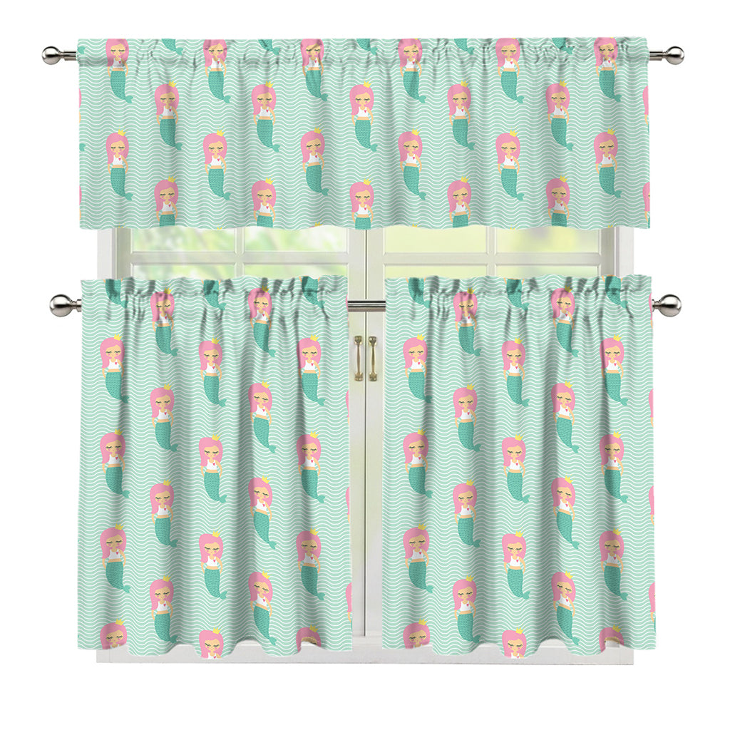 Cute Mermaid Pattern Print 3 Piece Kitchen Curtains