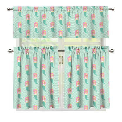 Cute Mermaid Pattern Print 3 Piece Kitchen Curtains