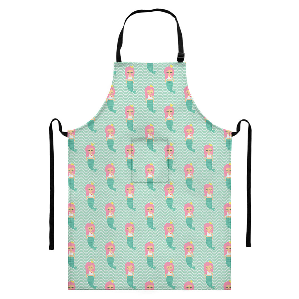 Cute Mermaid Pattern Print Bib Apron With Pocket