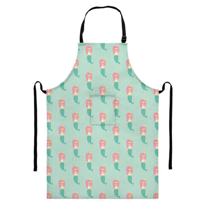Cute Mermaid Pattern Print Bib Apron With Pocket