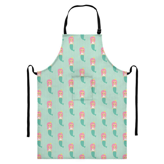 Cute Mermaid Pattern Print Bib Apron With Pocket
