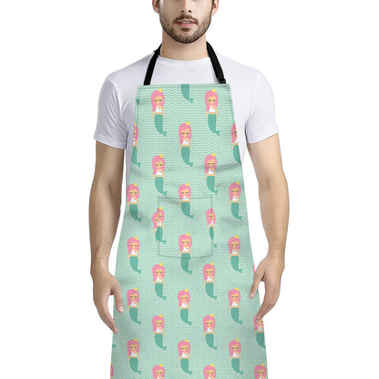 Cute Mermaid Pattern Print Bib Apron With Pocket