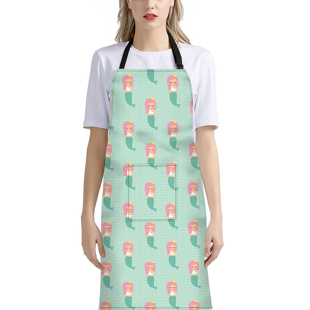 Cute Mermaid Pattern Print Bib Apron With Pocket
