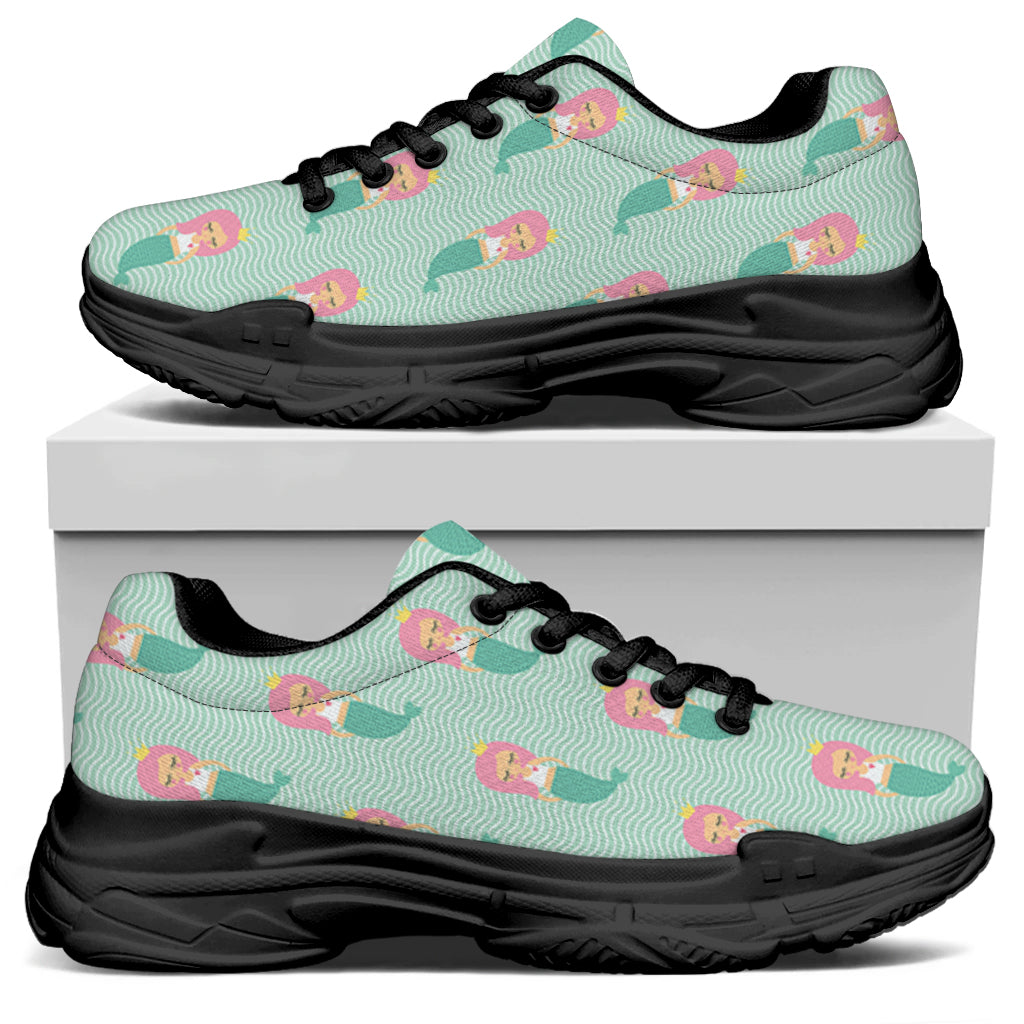 Cute Mermaid Pattern Print Black Chunky Shoes