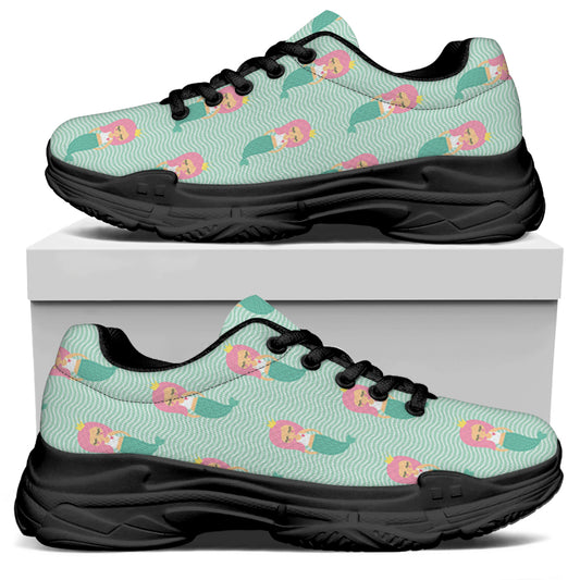 Cute Mermaid Pattern Print Black Chunky Shoes