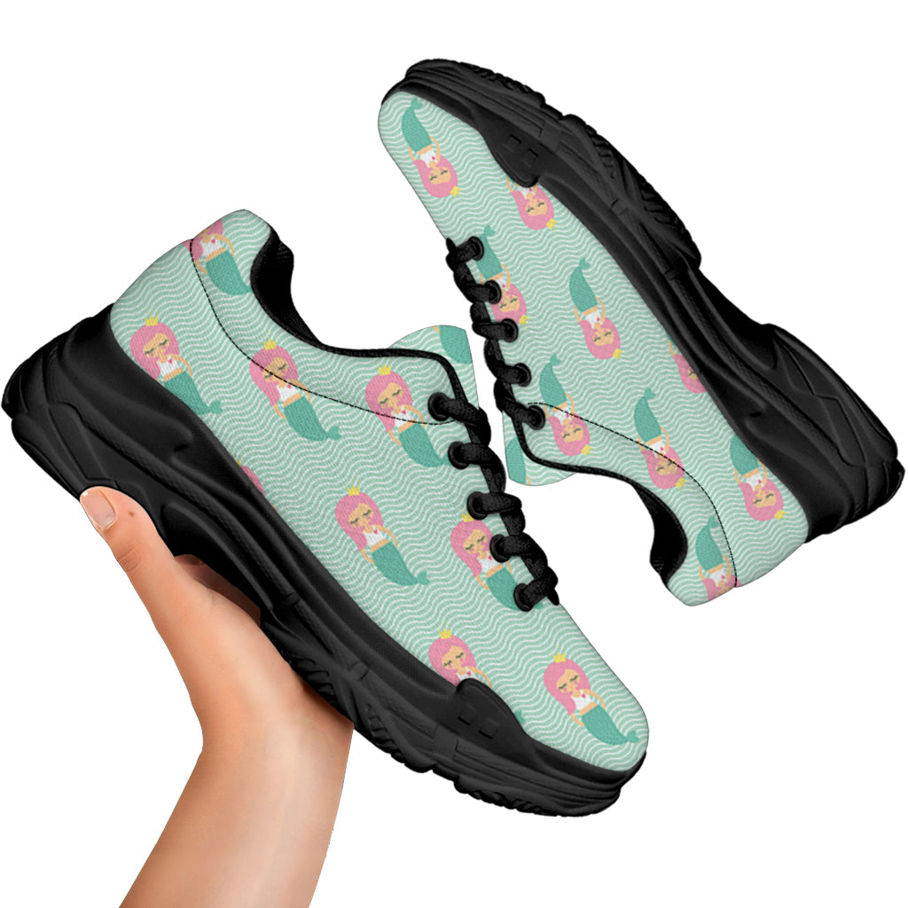 Cute Mermaid Pattern Print Black Chunky Shoes