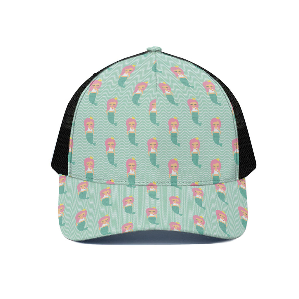 Cute Mermaid Pattern Print Black Mesh Trucker Cap