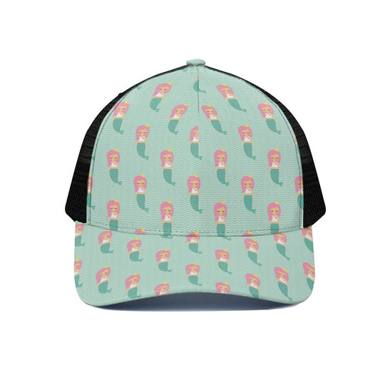 Cute Mermaid Pattern Print Black Mesh Trucker Cap