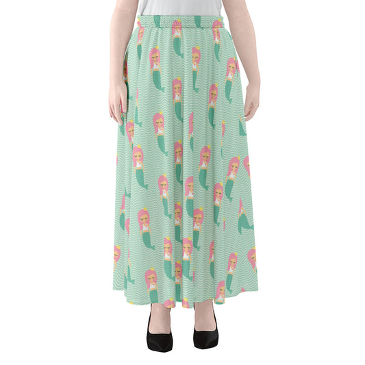 Cute Mermaid Pattern Print Chiffon Maxi Skirt