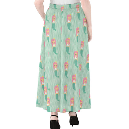 Cute Mermaid Pattern Print Chiffon Maxi Skirt