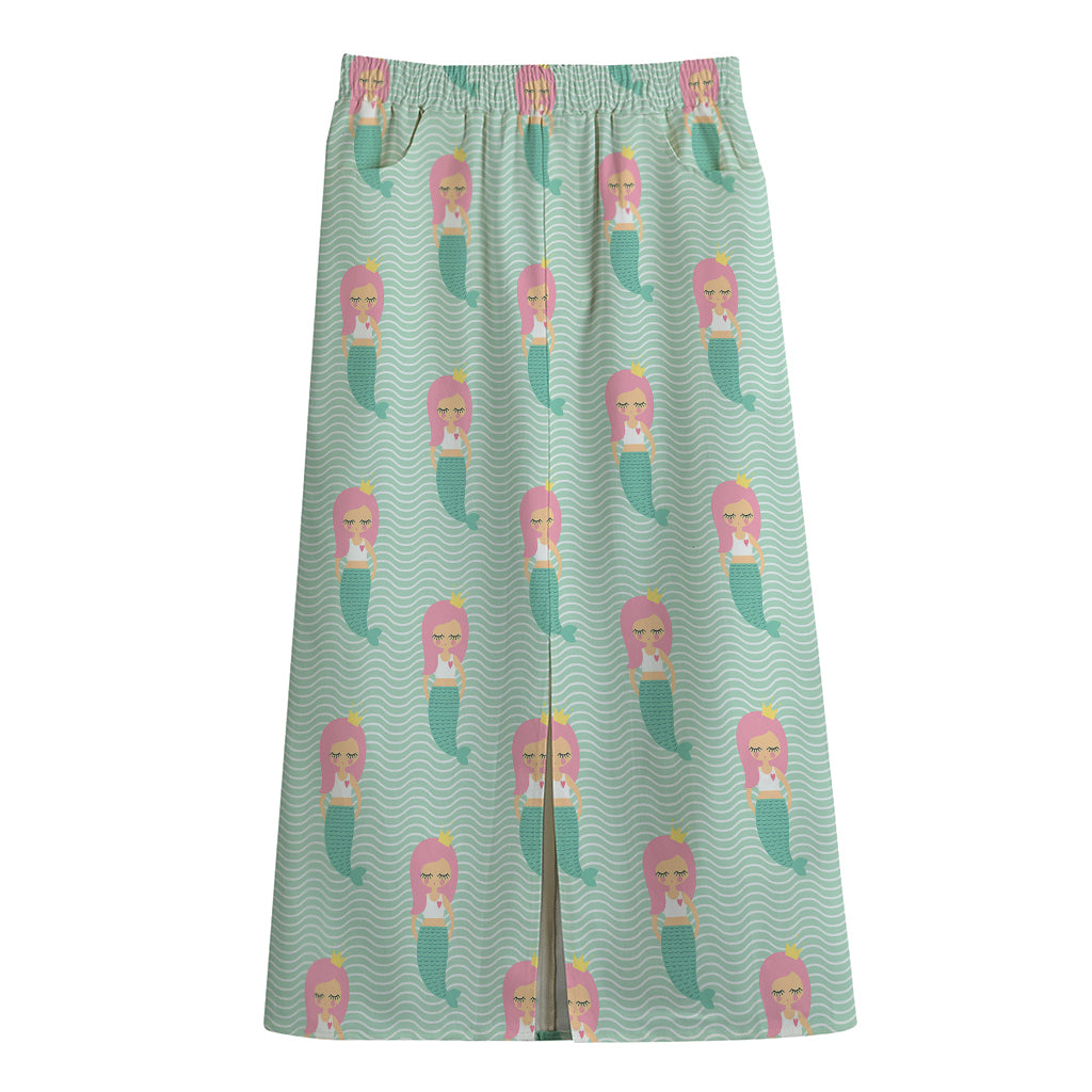 Cute Mermaid Pattern Print Cotton Front Slit Maxi Skirt